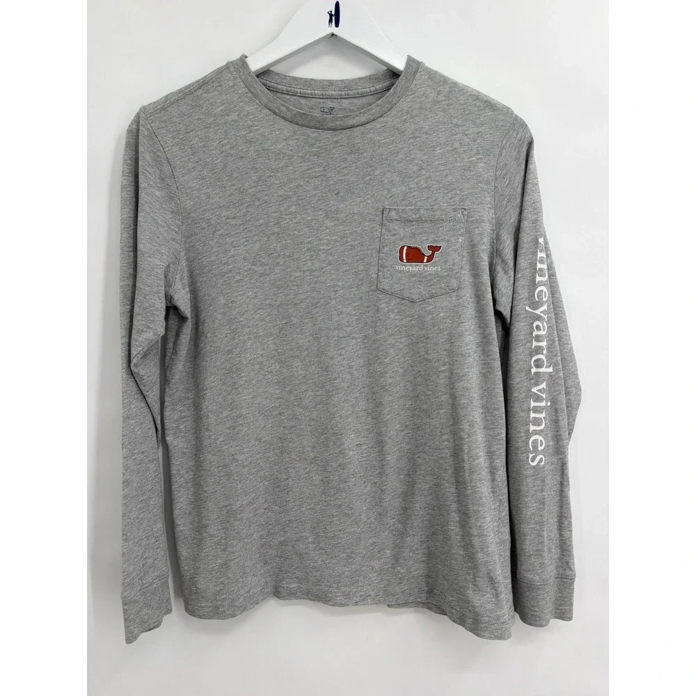 Vineyard Vines Boys Gray Football‎ Whale Long Sleeve Pocket T-Shirt Size L 16